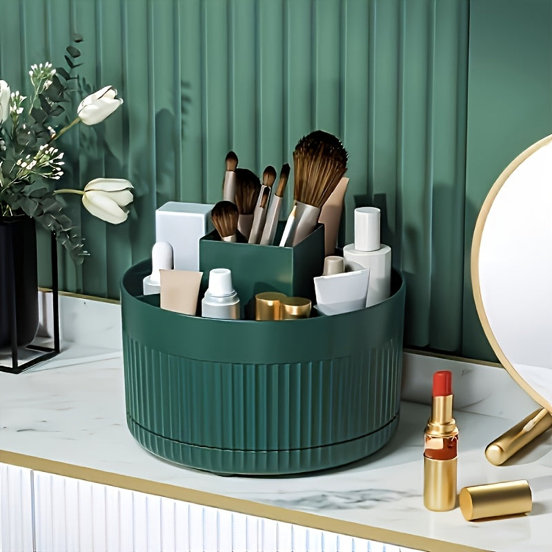A White Rotating Cosmetic Organizer with Five Compartments, Designed for 360° Access, Perfect for Organizing And Displaying Items on Dressing Tables in Various Settings Like Bathrooms, Bedrooms, And Sinks