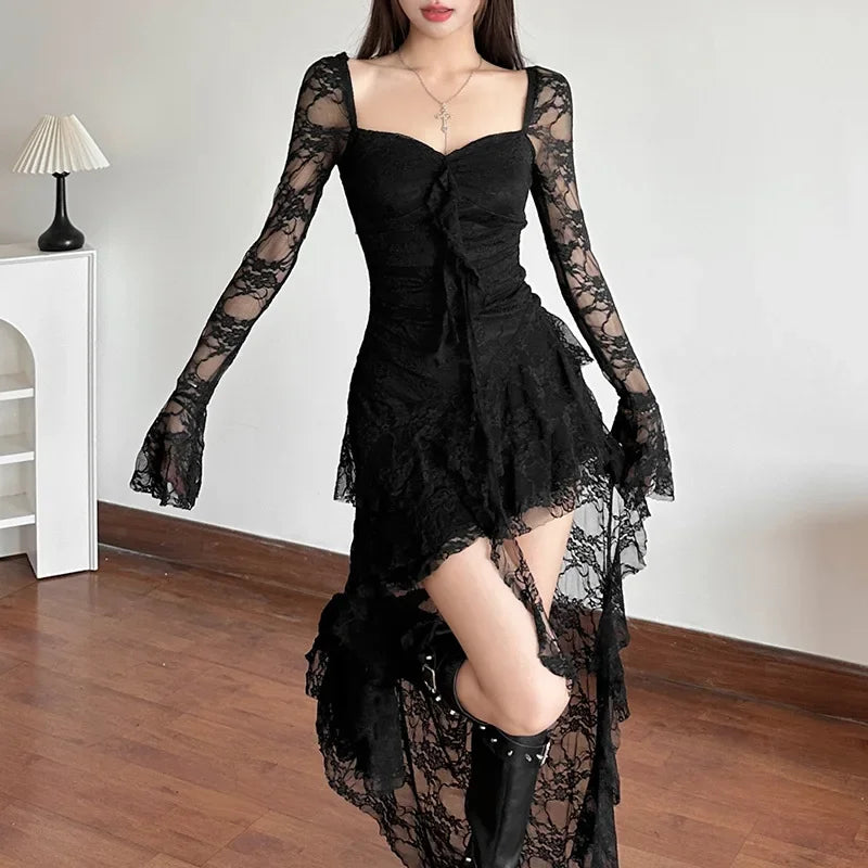 Gothic Lace Flare Sleeve Maxi Dress | Y2K Square Neck A-Line | E-Girl Dark Aesthetic