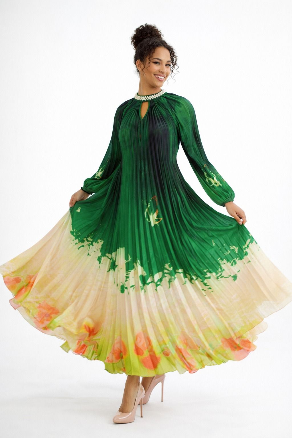 Emerald Bloom Pearl-Neck Pleated Maxi Dress