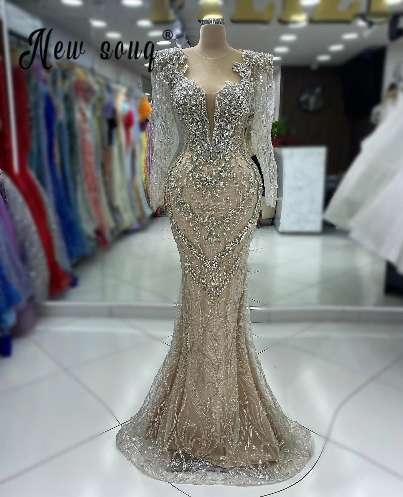 Luxury Crystal Scoop Neck Evening Gown – Long Sleeve Mermaid Formal Dress | Custom Sizing
