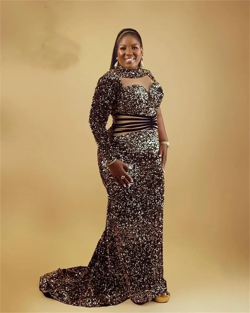 Luxury Gold Aso Ebi Evening Gown with High Neck & Keyhole Detail