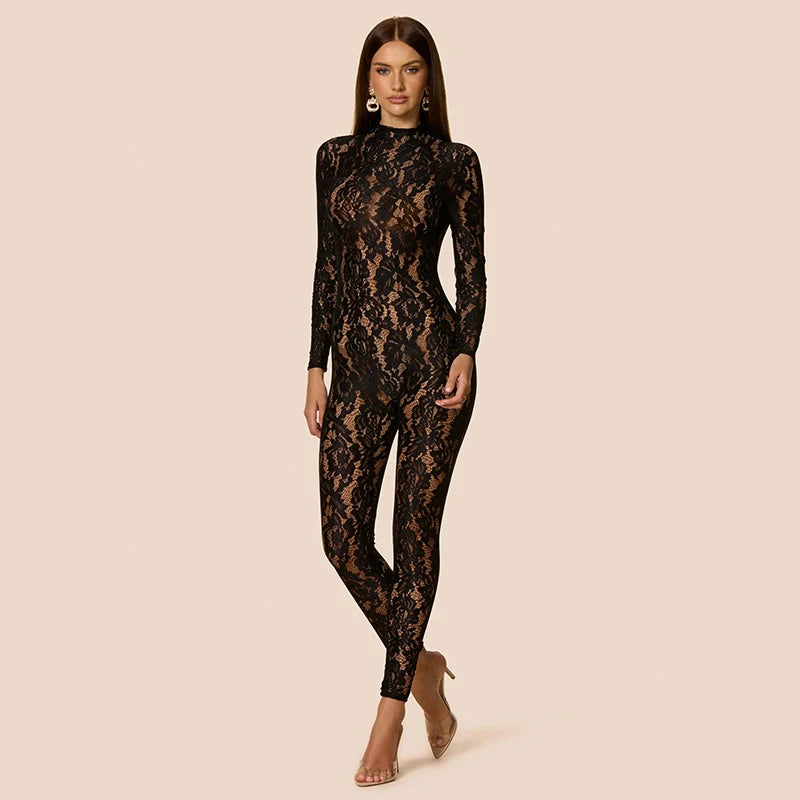 Lace Jumpsuit | Sheer Long Sleeve Back-Zip Skinny Romper for Women