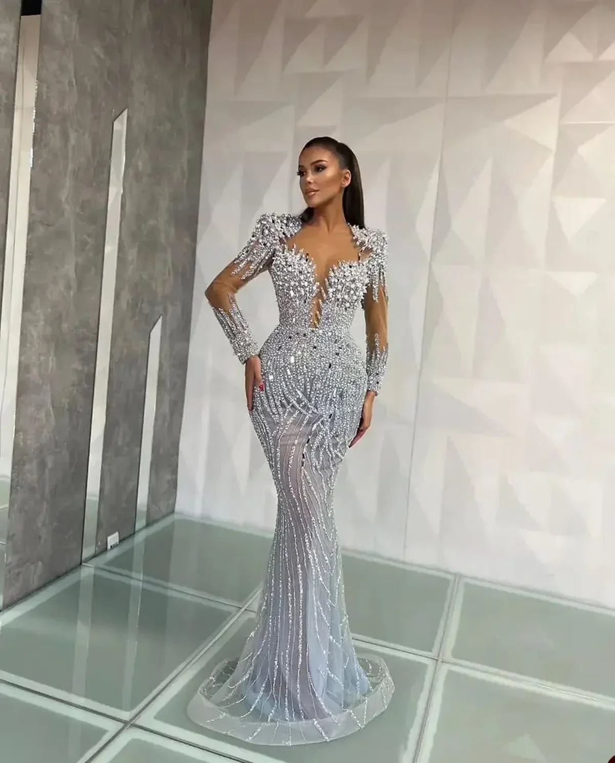 Crystal Mermaid Prom Gown – Satin & Lace, Court Train, Plus Size Available