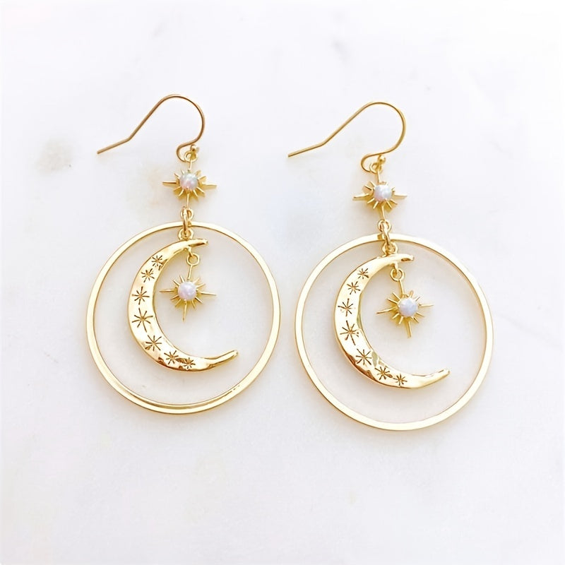 Boho Moonstone Crescent Moon & Star Earrings - Gold Tone