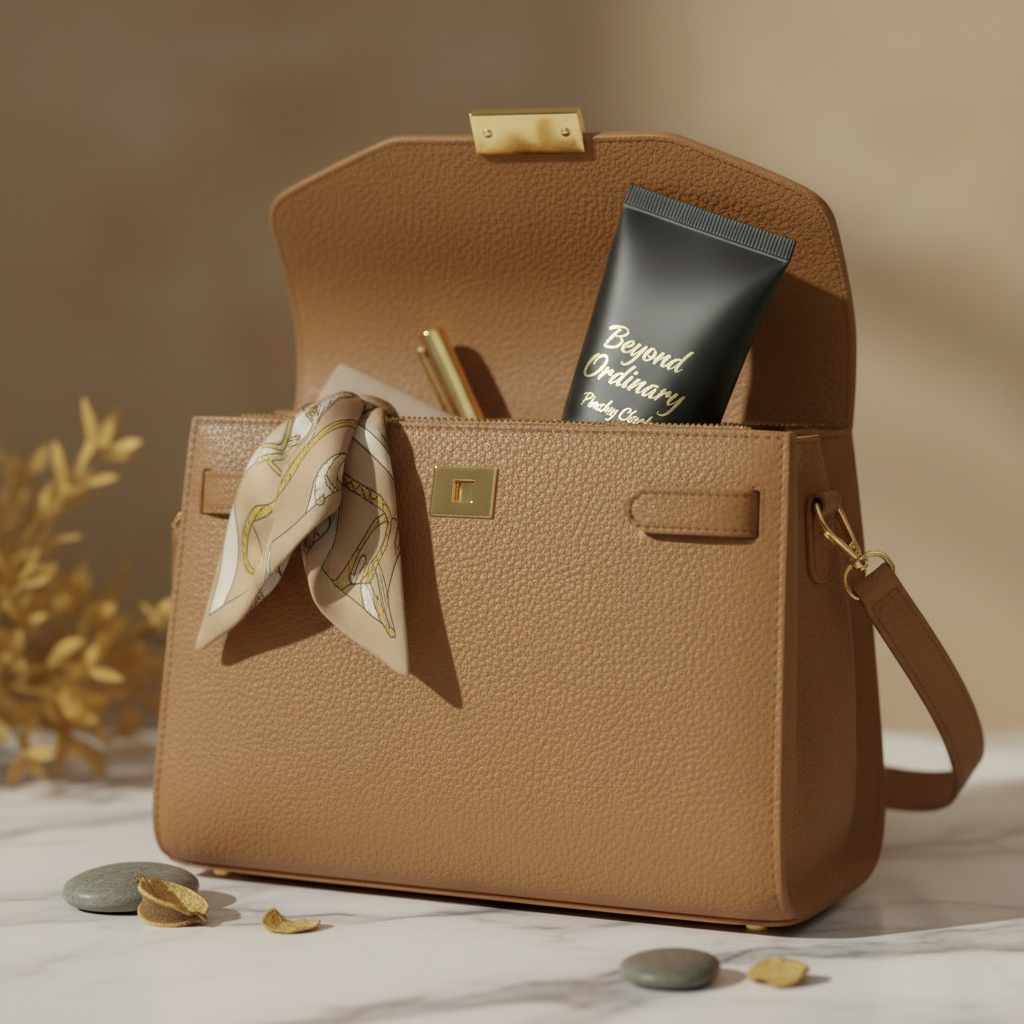 Pinchy Clarke Beyond Ordinary hand cream peeking out of a luxury designer handbag