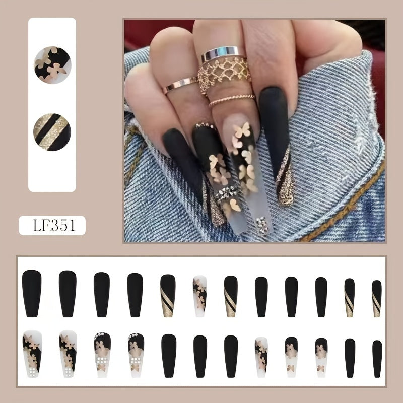 Golden Butterfly Press-On Nails - 24pc Matte Glitter Set