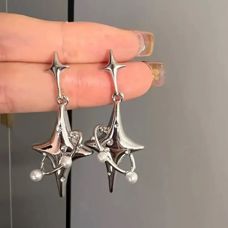 Y2K Liquid Geometric Earrings - Silver Hip-Hop Punk Style