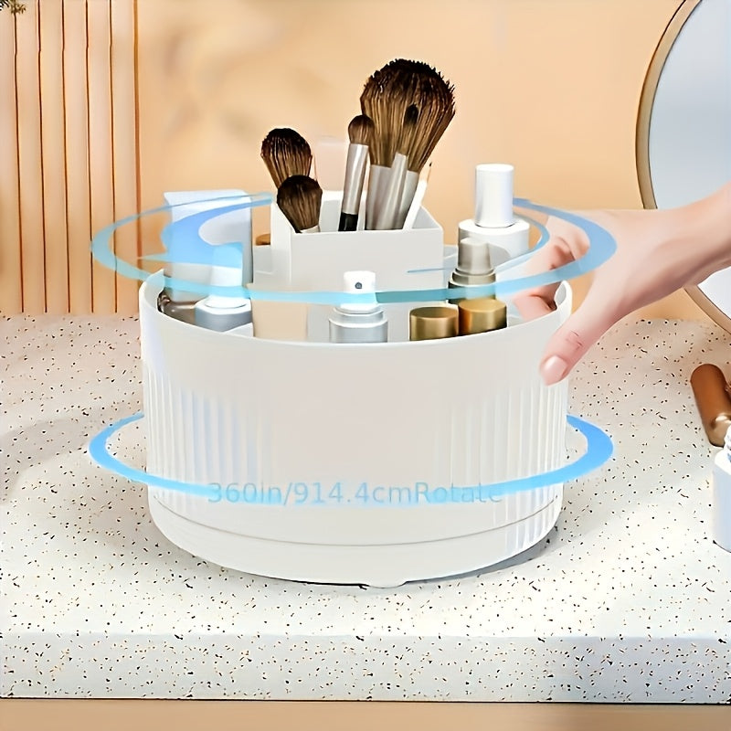 A White Rotating Cosmetic Organizer with Five Compartments, Designed for 360° Access, Perfect for Organizing And Displaying Items on Dressing Tables in Various Settings Like Bathrooms, Bedrooms, And Sinks