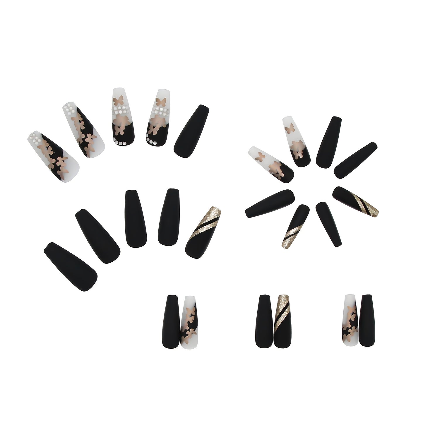 Golden Butterfly Press-On Nails - 24pc Matte Glitter Set