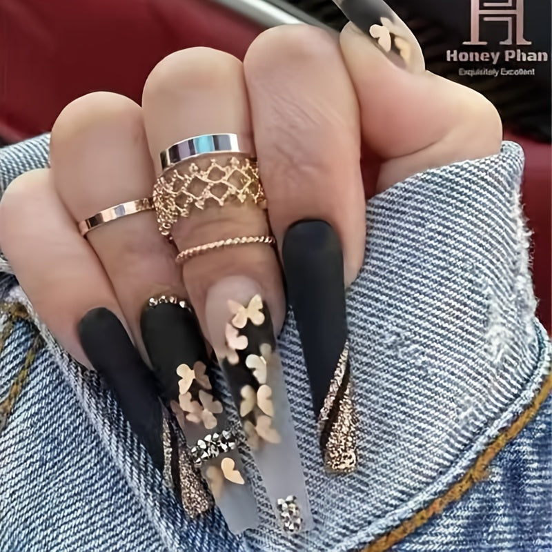 Golden Butterfly Press-On Nails - 24pc Matte Glitter Set