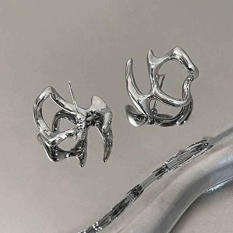 Y2K Liquid Geometric Earrings - Silver Hip-Hop Punk Style