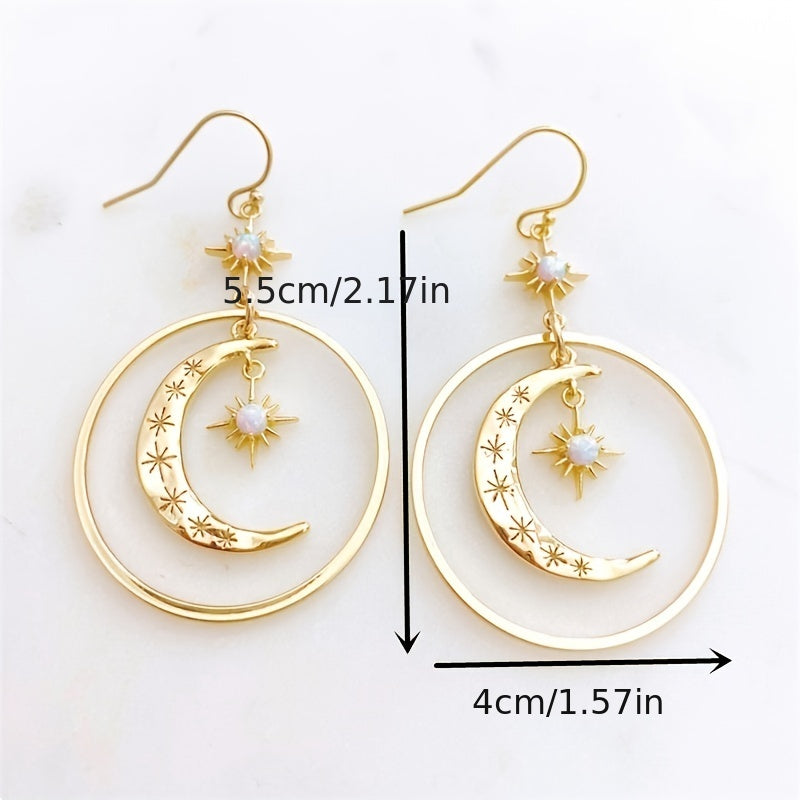 Boho Moonstone Crescent Moon & Star Earrings - Gold Tone