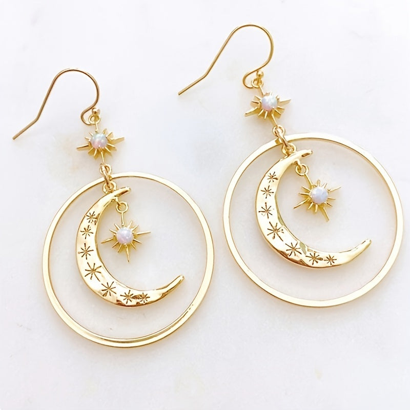 Boho Moonstone Crescent Moon & Star Earrings - Gold Tone