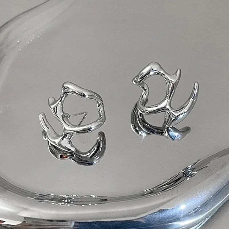 Y2K Liquid Geometric Earrings - Silver Hip-Hop Punk Style