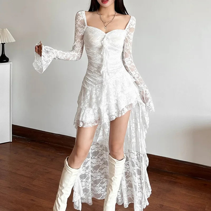 Gothic Lace Flare Sleeve Maxi Dress | Y2K Square Neck A-Line | E-Girl Dark Aesthetic