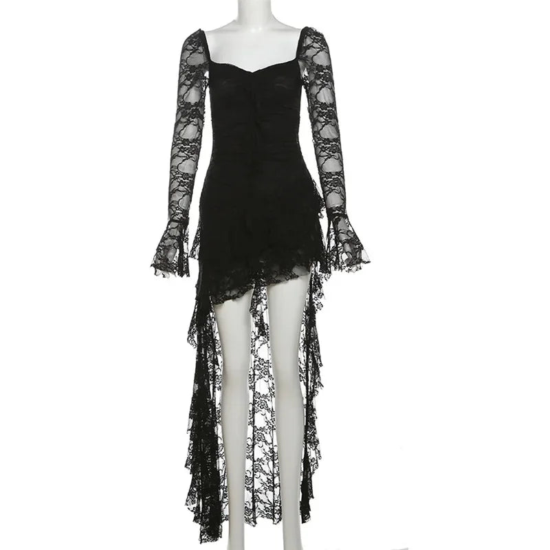 Gothic Lace Flare Sleeve Maxi Dress | Y2K Square Neck A-Line | E-Girl Dark Aesthetic