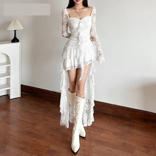 Gothic Lace Flare Sleeve Maxi Dress | Y2K Square Neck A-Line | E-Girl Dark Aesthetic