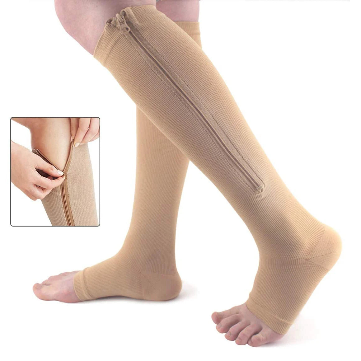 Zipper Compression Stockings - Open Toe Leg Support