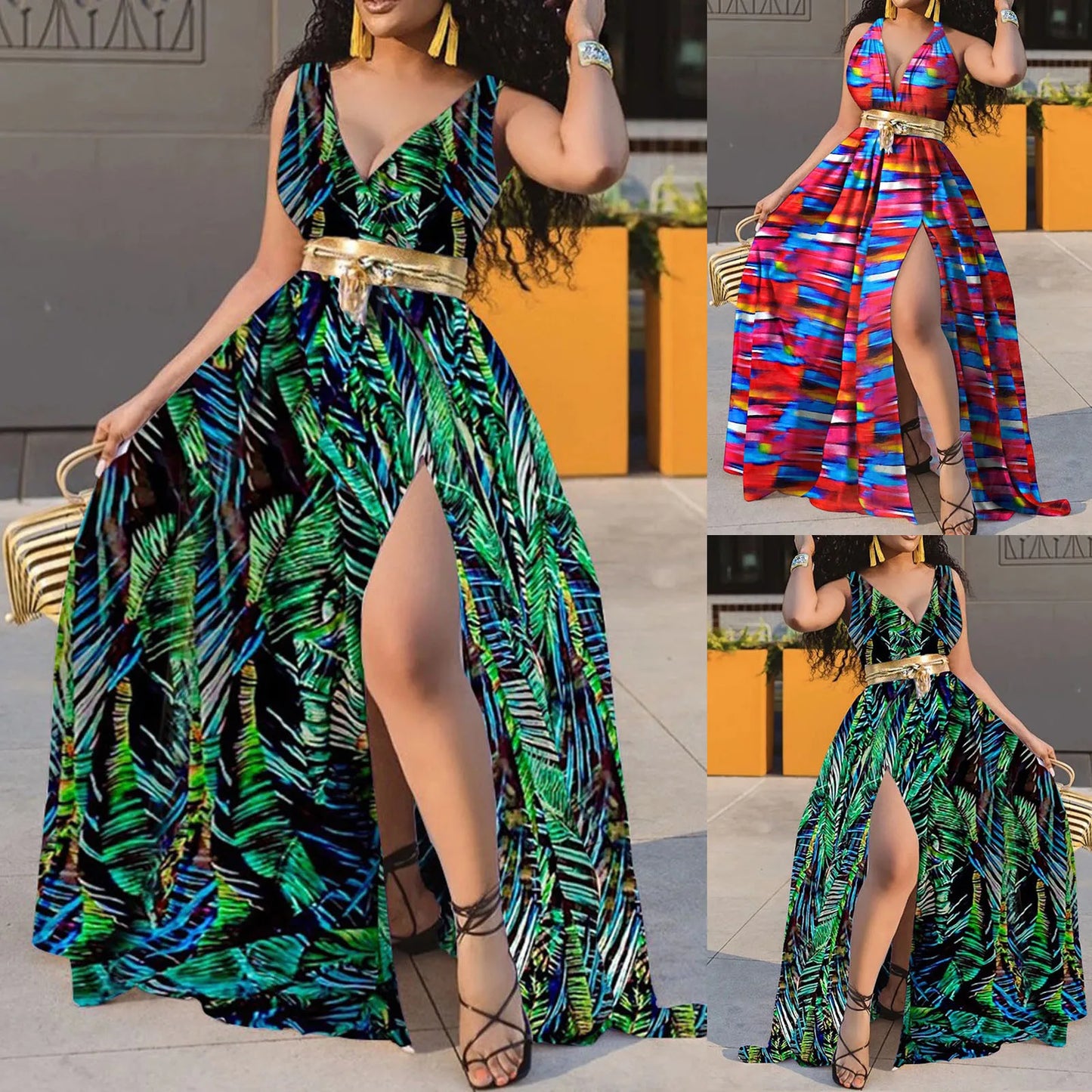 Boho V-Neck High Slit Maxi Dress | Floral Print Sleeveless Beach Sundress