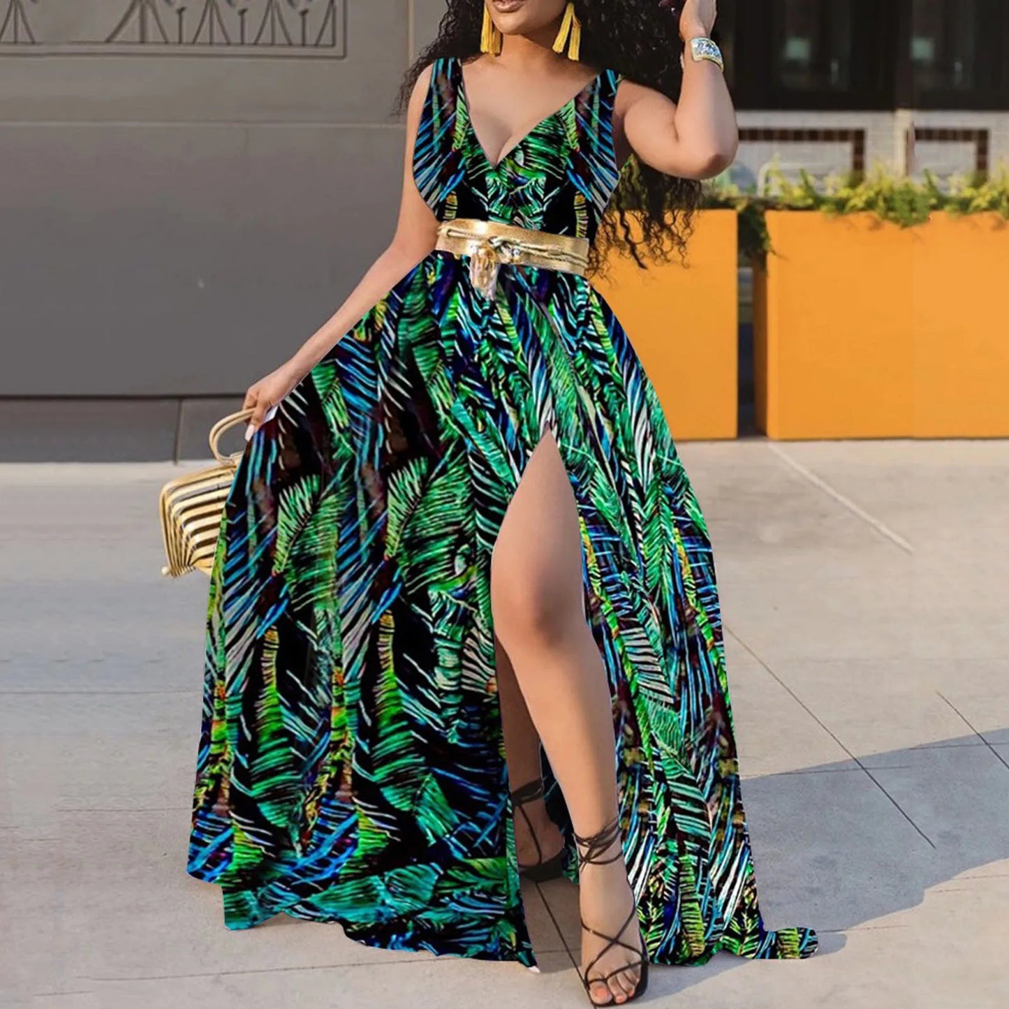 Boho V-Neck High Slit Maxi Dress | Floral Print Sleeveless Beach Sundress