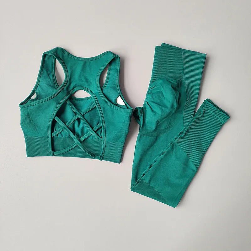 Cross-Back Sports Bra & Leggings Set | Seamless 2-Piece Yoga Fitness Suit for Women