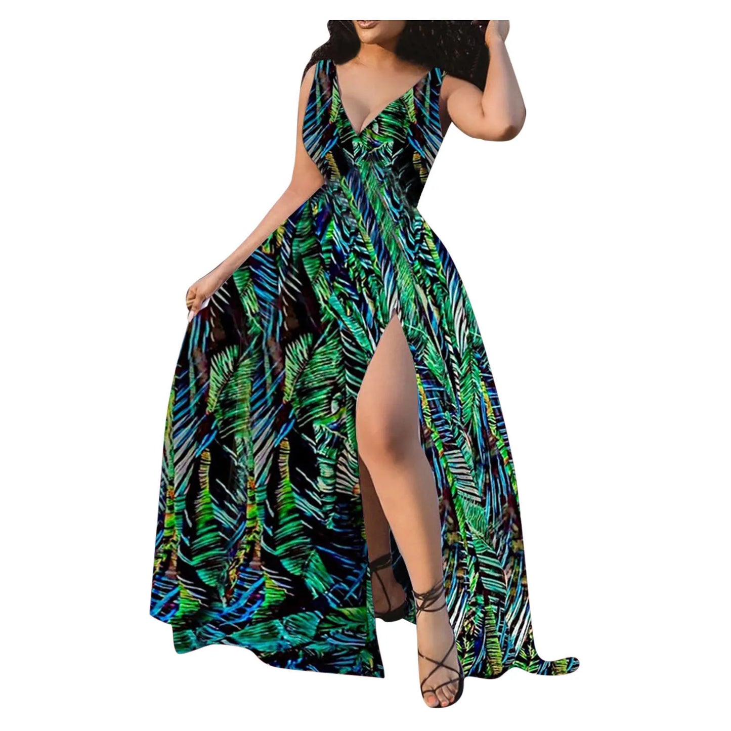 Boho V-Neck High Slit Maxi Dress | Floral Print Sleeveless Beach Sundress