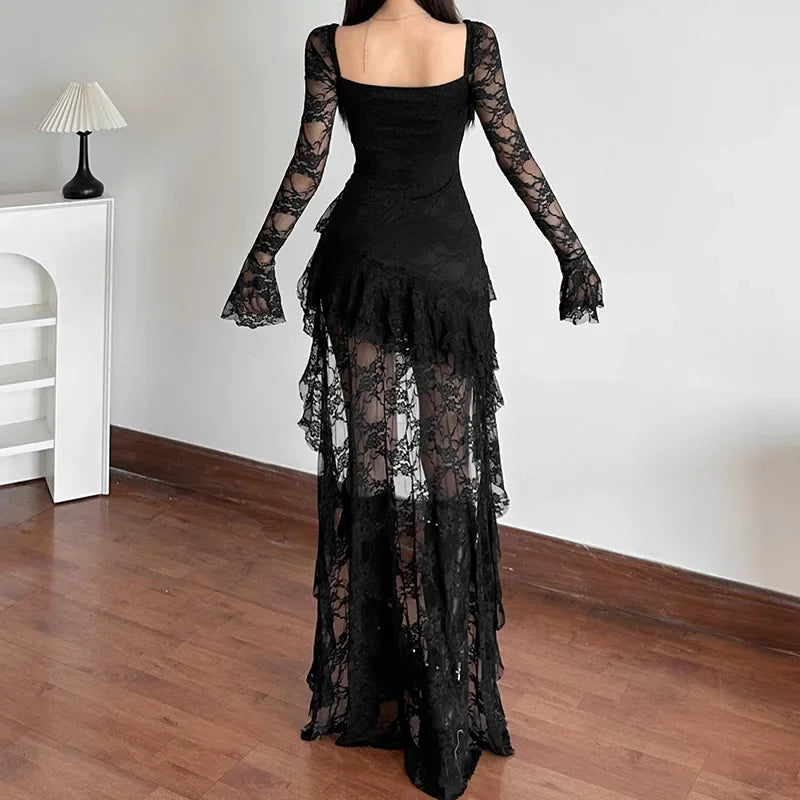 Gothic Lace Flare Sleeve Maxi Dress | Y2K Square Neck A-Line | E-Girl Dark Aesthetic