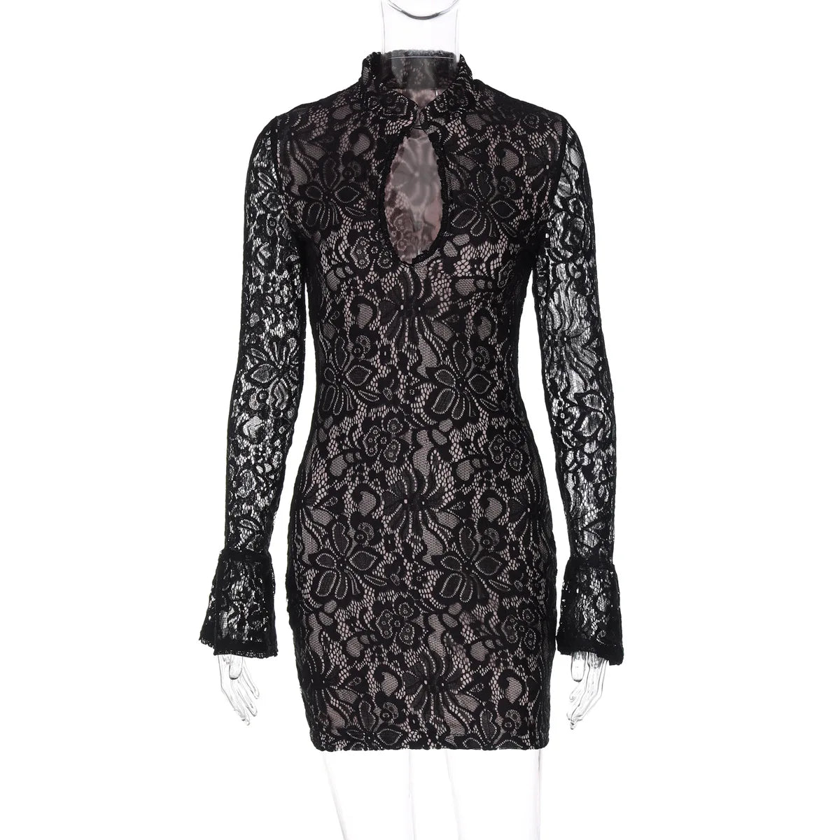 Lace Hollow-Out Bodycon Mini Dress | Bell Sleeve Backless Club Dress for Women