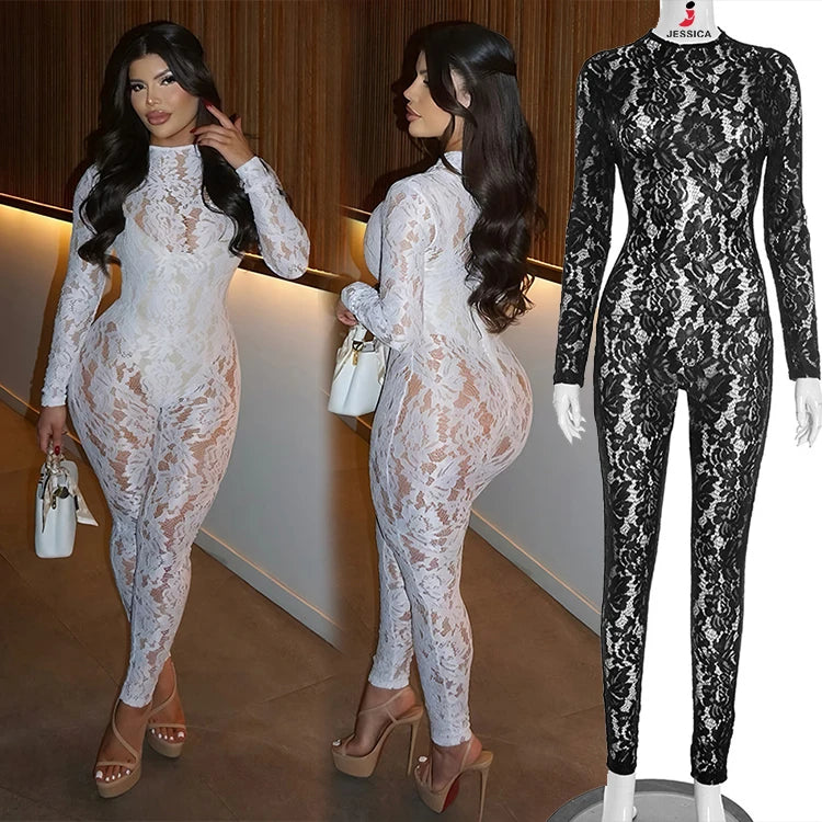 Lace Bodycon Jumpsuit | Sheer Long Sleeve Slim Fit Clubwear for Women