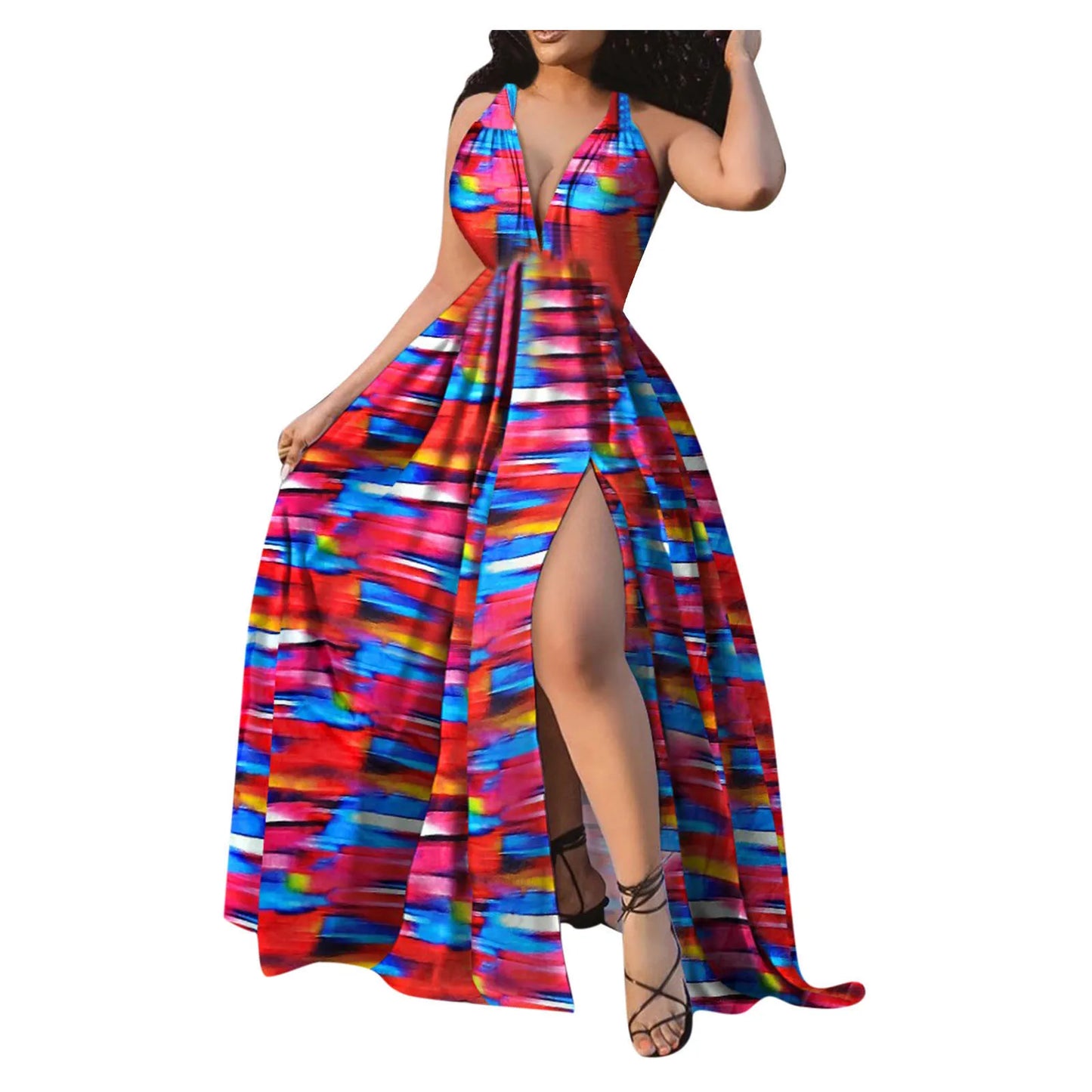 Boho V-Neck High Slit Maxi Dress | Floral Print Sleeveless Beach Sundress