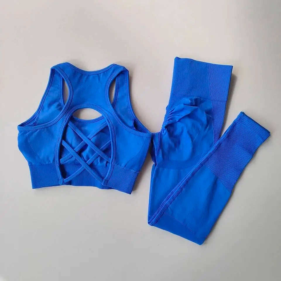 Cross-Back Sports Bra & Leggings Set | Seamless 2-Piece Yoga Fitness Suit for Women