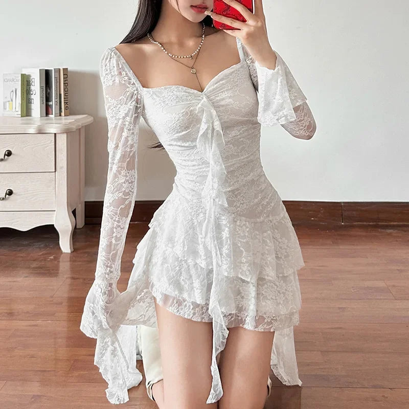 Gothic Lace Flare Sleeve Maxi Dress | Y2K Square Neck A-Line | E-Girl Dark Aesthetic