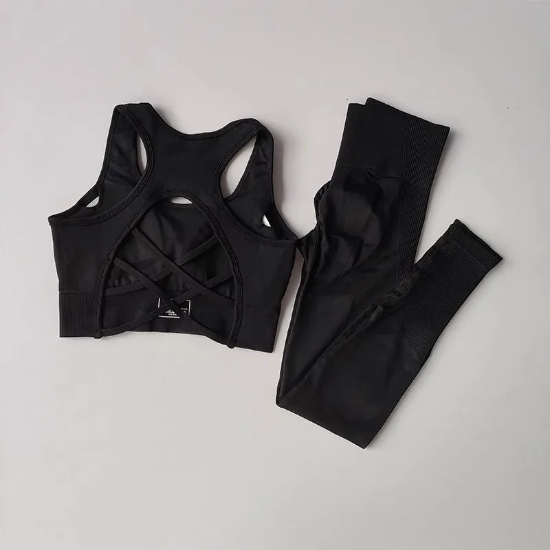 Cross-Back Sports Bra & Leggings Set | Seamless 2-Piece Yoga Fitness Suit for Women