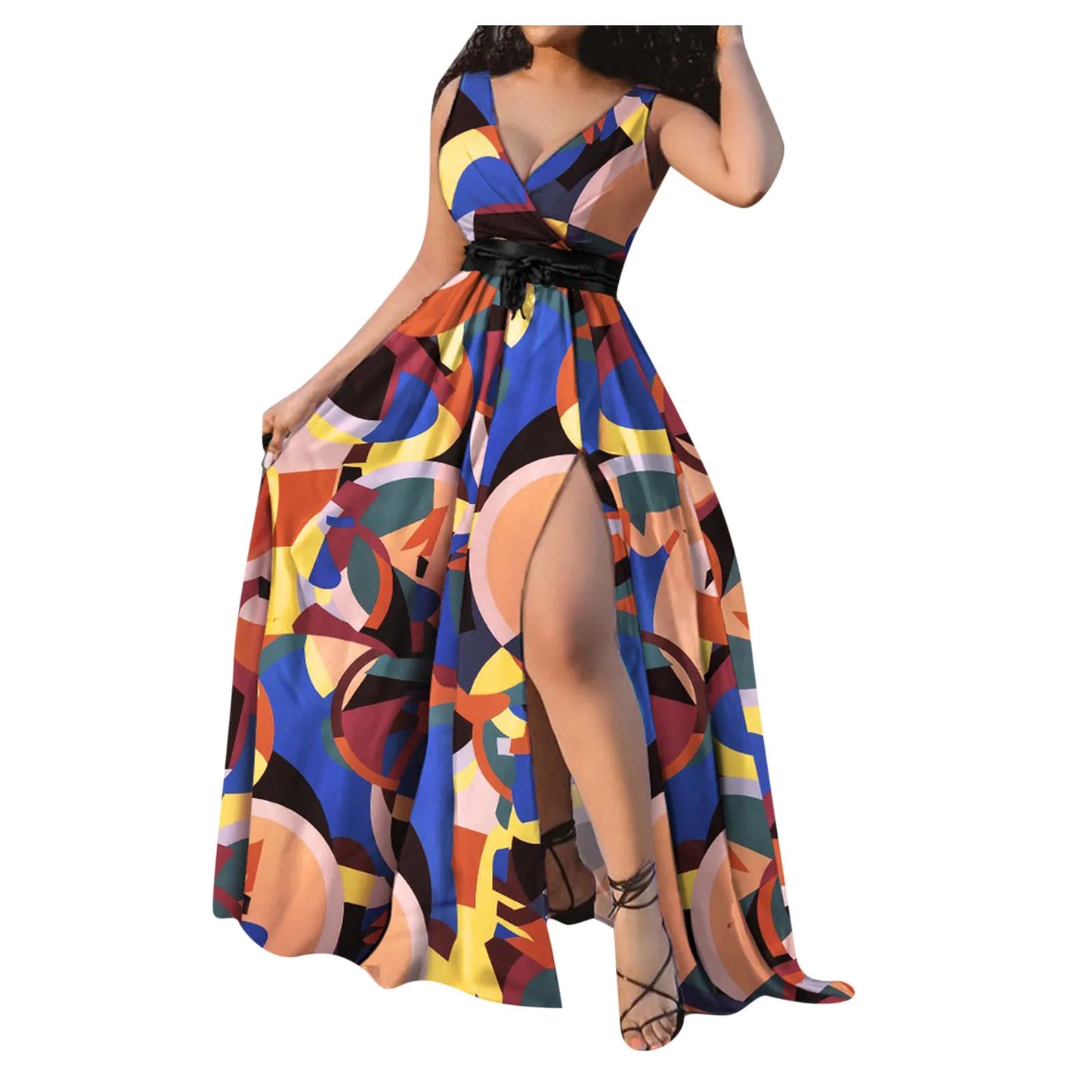 Boho V-Neck High Slit Maxi Dress | Floral Print Sleeveless Beach Sundress