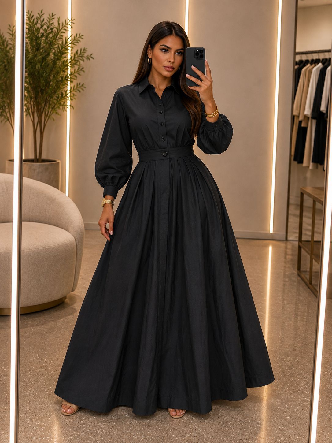 Midnight Grace Pleated Maxi Shirt Dress