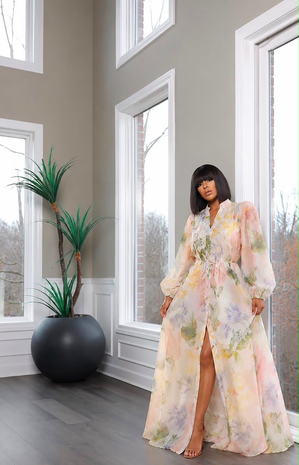Blushing Garden Sheer-Sleeve Maxi Dress