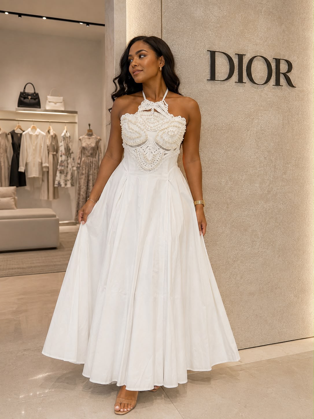 Woman wearing an ivory halter maxi dress with an embellished bodice and flowing A-line skirt