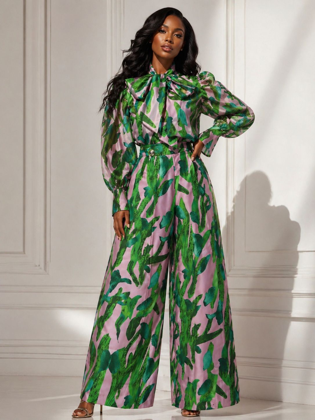 Emerald Garden Bow-Neck Wide-Leg Jumpsuit