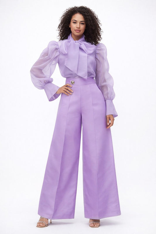 Lavender Poise Bow-Neck Wide-Leg Pant Set
