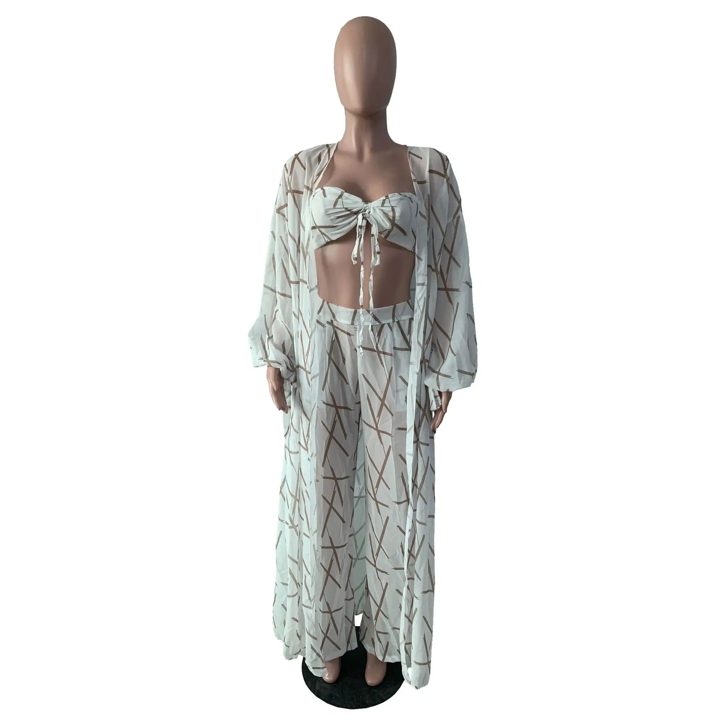 Three-Piece Linen Cardigan & Wide-Leg Pants Set - Loose Fit Outfit