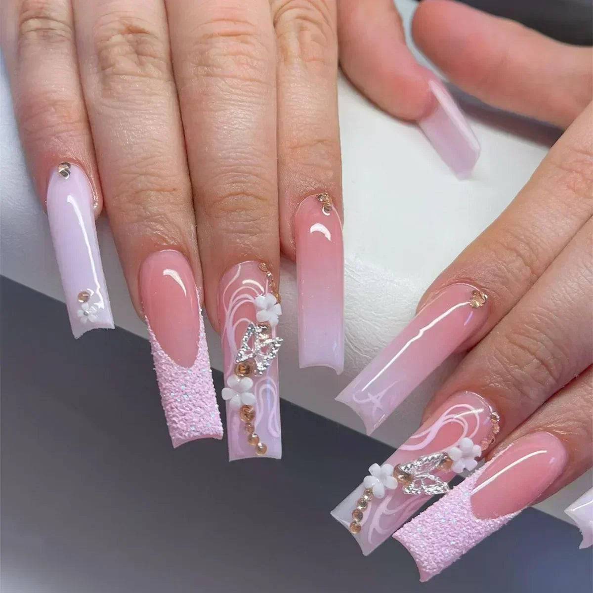 Press-On Coffin Nails | Butterfly Rhinestone Ballet False Nails Set 24Pcs