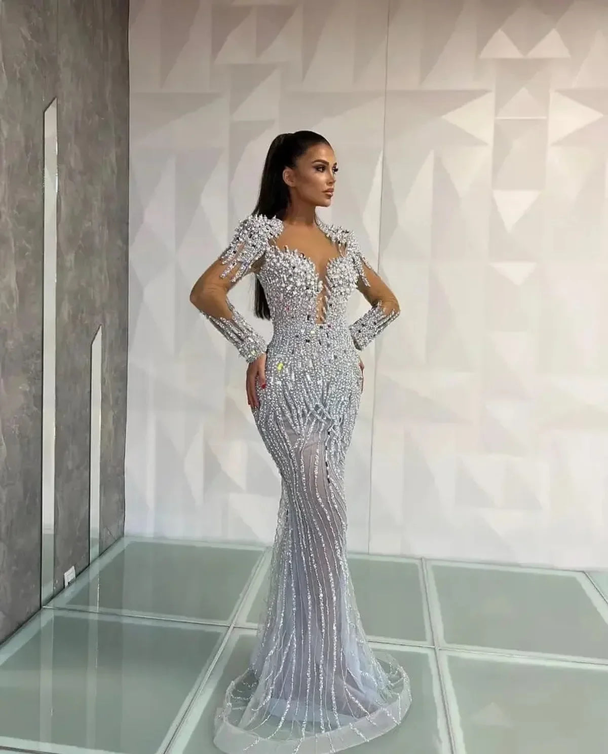 Crystal Mermaid Prom Gown – Satin & Lace, Court Train, Plus Size Available