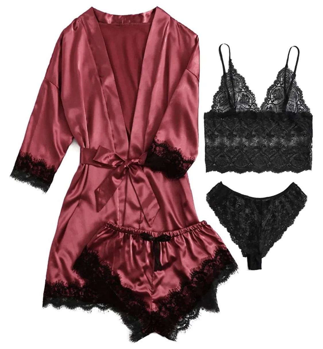 4-Piece Lace Pajama Set - Camisole, Shorts, Robe & Nightgown