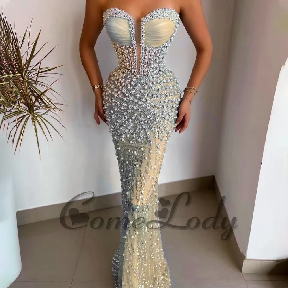 Elegant Mermaid Evening Gown | Strapless Beaded Formal Dress Custom Made
