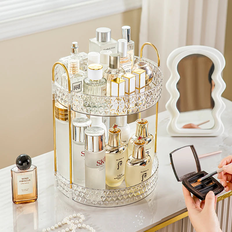 Diamond Pattern Rotating Makeup Organizer - 3 Tier Clear Vanity Storage