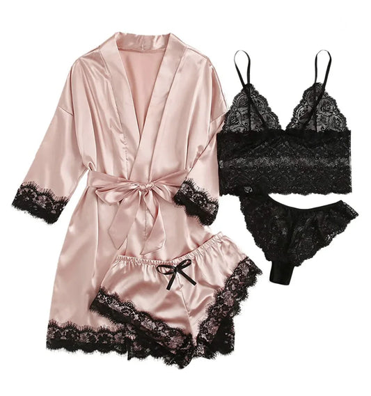 4-Piece Lace Pajama Set - Camisole, Shorts, Robe & Nightgown