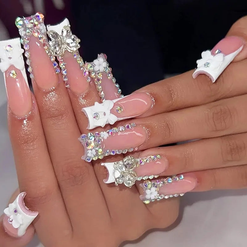 Press-On Coffin Nails | Butterfly Rhinestone Ballet False Nails Set 24Pcs