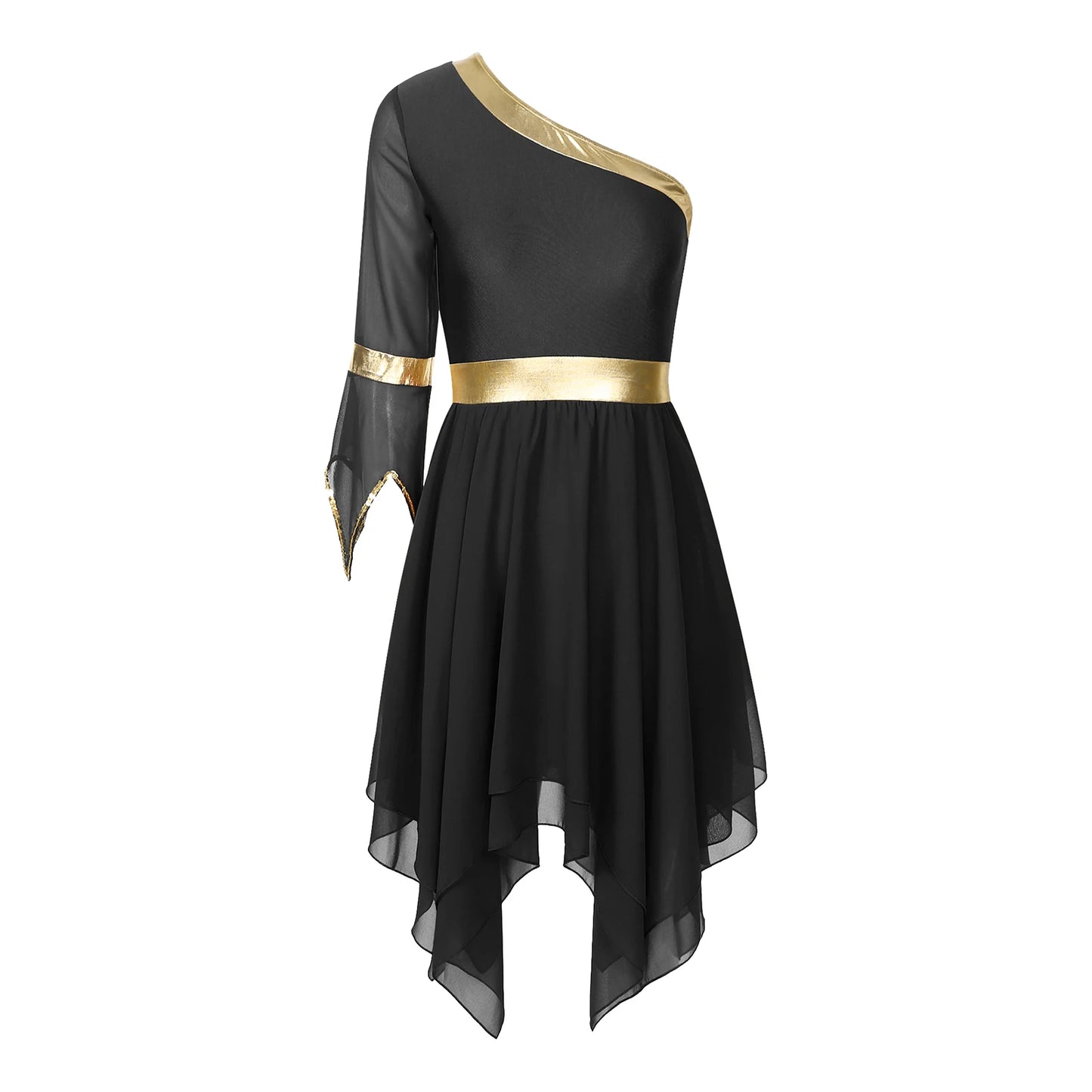 Women's Lyrical Dance Dress - One Shoulder Chiffon with Sequin Trim
