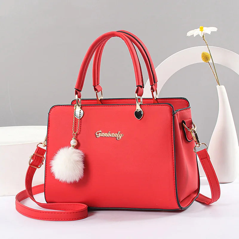 Casual Tote Bag with Pom Pom - Crossbody Shoulder Handbag