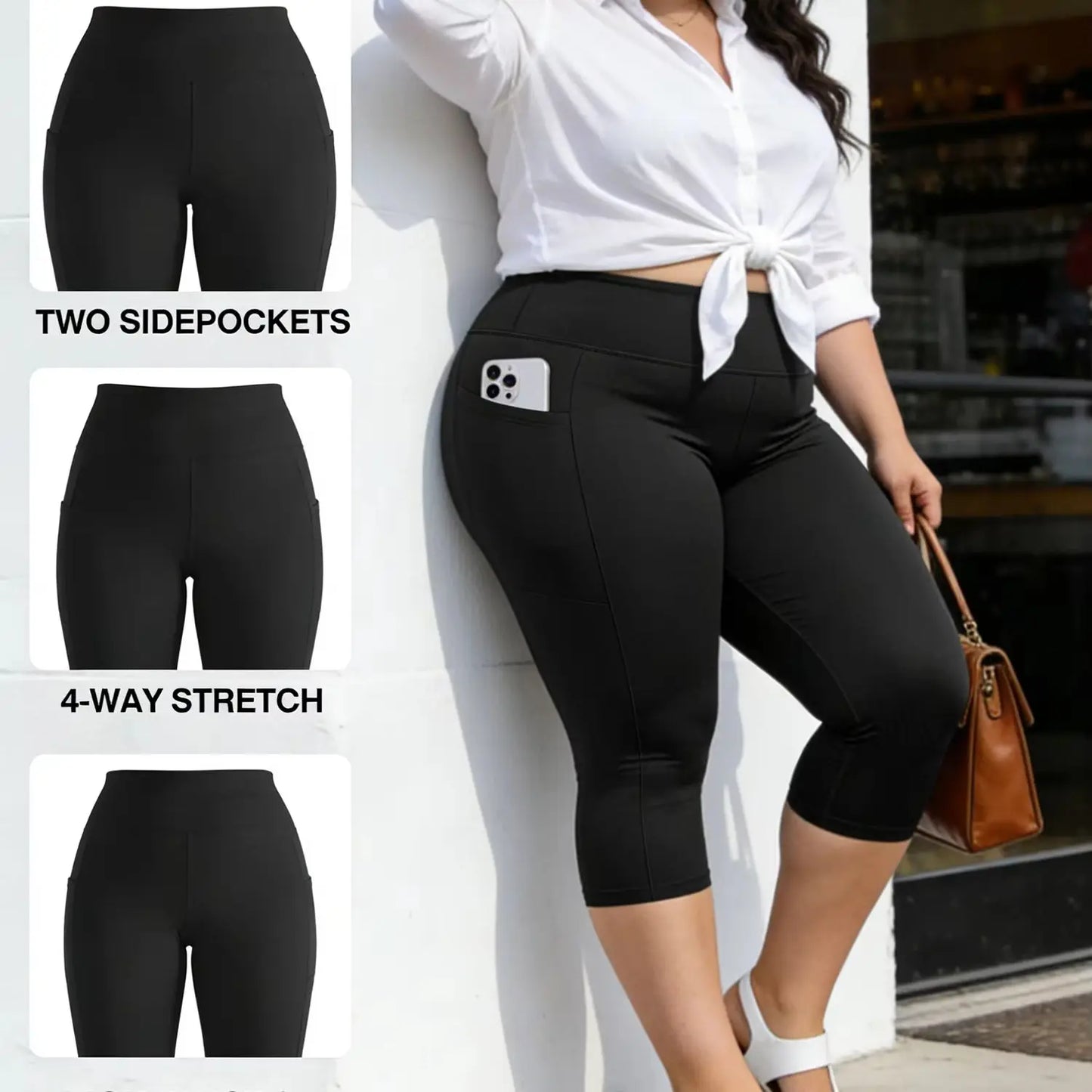 Plus Size Leggings with Pockets for Women - Black High Waisted Tummy Control Soft Yoga Pants for Gym Workout